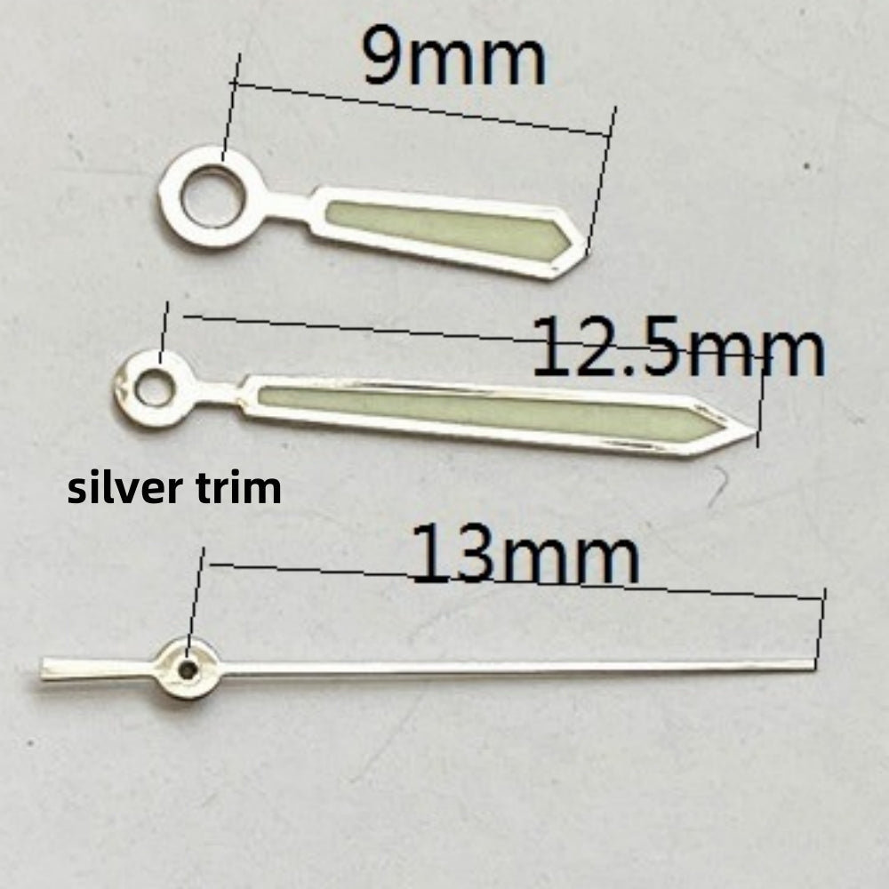 13 mm Uhrzeiger-Set mit silberner Verzierung und grüner Leuchtmasse für das Quarzwerk Ronda 515