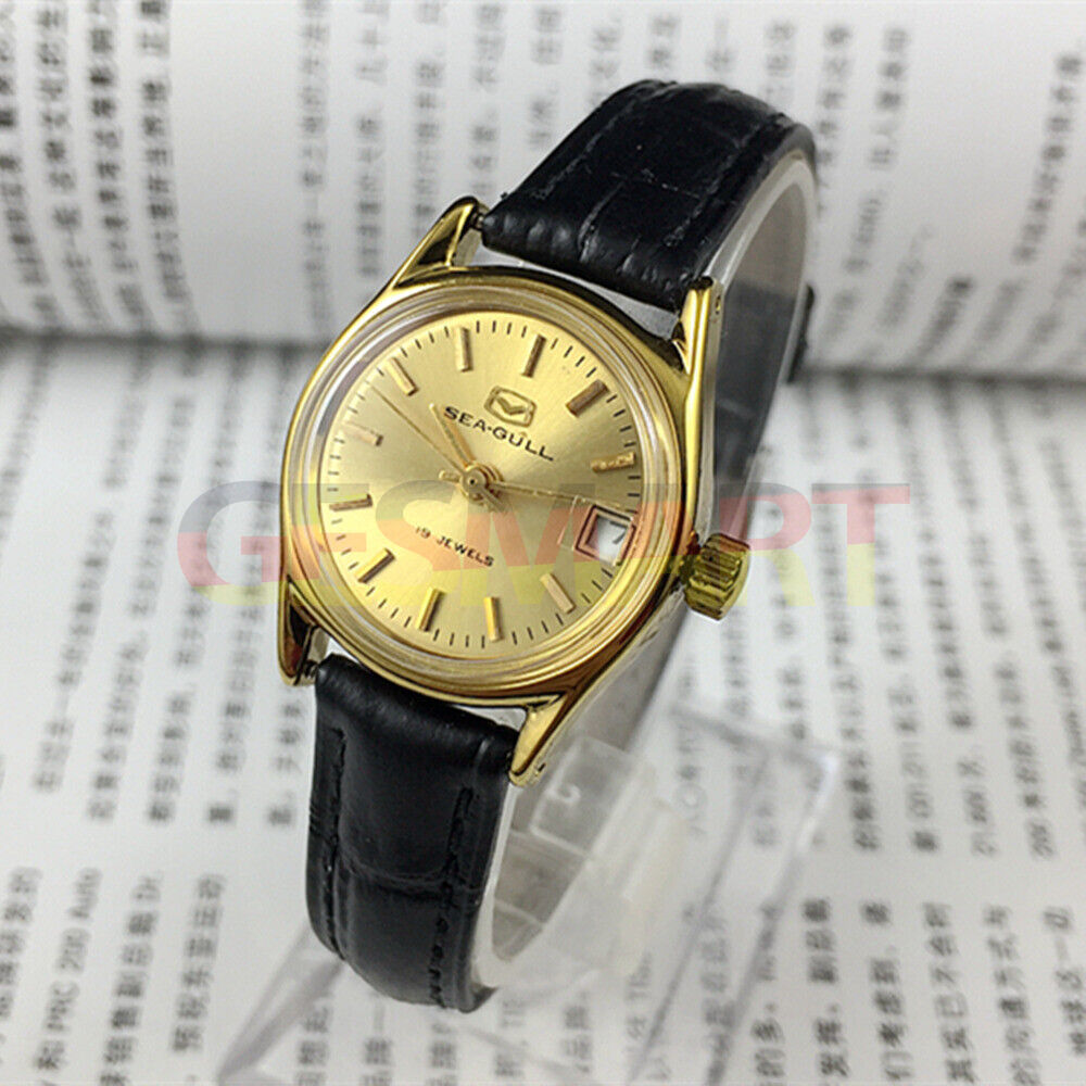 Montre mécanique à cadran rond pour femme, cadran doré, calendrier simple, motif mouette