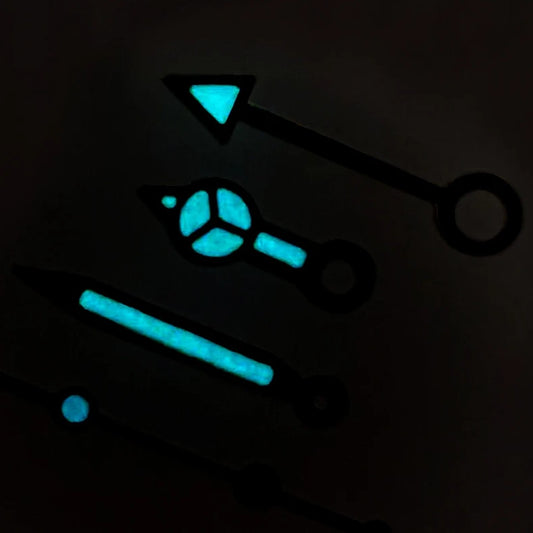 Silver+Silver trim blue luminous diving watch hands set for NH34 GMT movement, ideal for precision timekeeping.