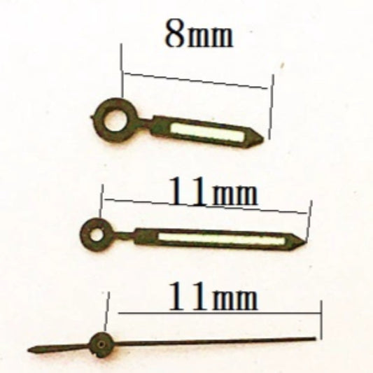 Black trim watch hands with green lume, compatible with Miyota 2035 quartz movement, for precise timekeeping.