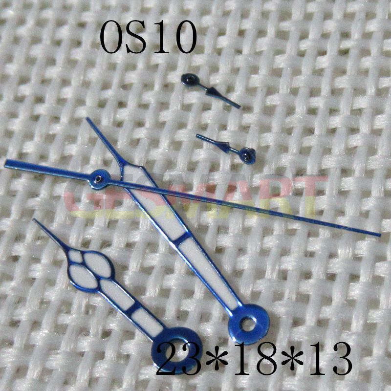 Blue trim watch hands with green lume for Miyota OS10 0S10 movement, precise and luminous design.