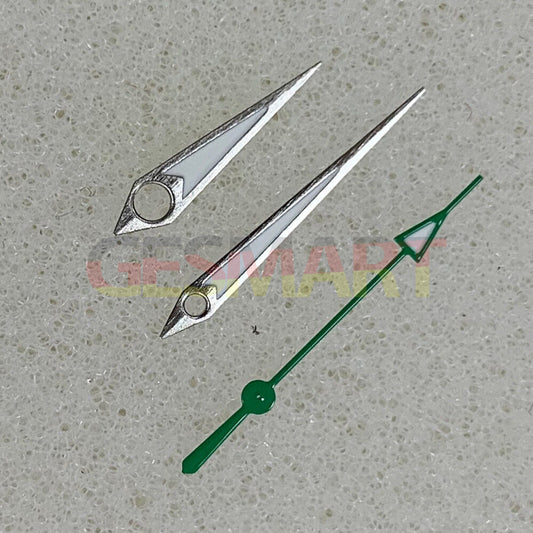 Arrow-shaped silver trim green luminous watch hands for NH35 movement, perfect for precise timekeeping.