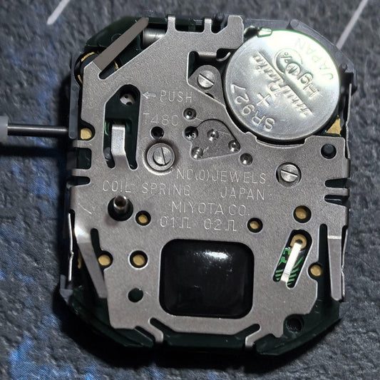 Japan Made Miyota T480 quartz watch part featuring 3 hands and display screen for precise timekeeping.