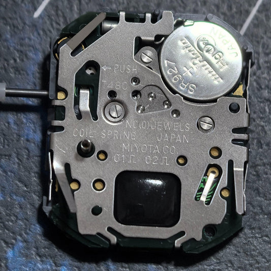 Japan Made Miyota T480 quartz watch part featuring 3 hands and display screen for precise timekeeping.