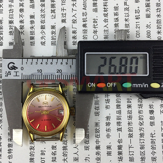 Seagull Lady Watch with gradient red dial, golden nails, manual mechanical movement, single calendar display.