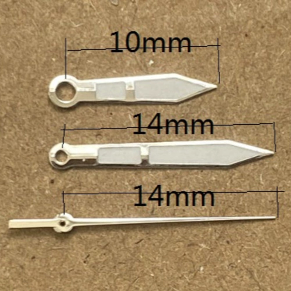 14mm silver-trimmed arrow watch hands with green lume, designed for Ronda 515 quartz movement.