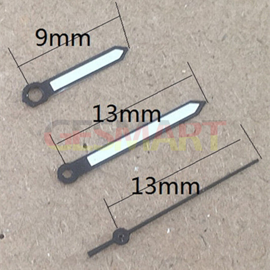 Luminous black trim watch hands for Miyota 2035 quartz movement, enhancing visibility and style.