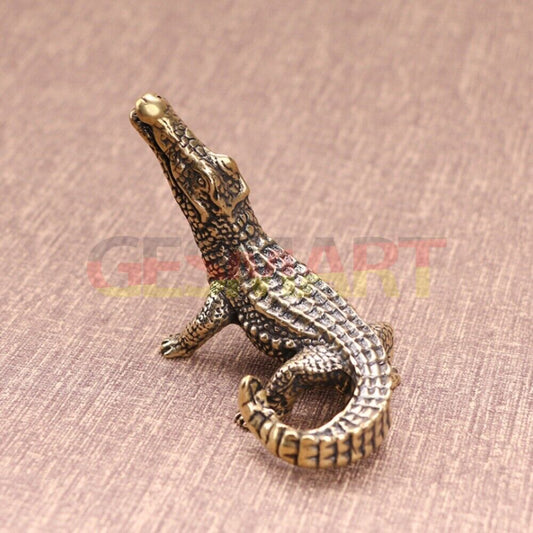 Hand-carved solid copper crocodile trinket, detailed bronze finish figurine for decor.