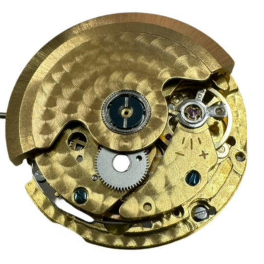 Seagull ST10 golden automatic watch movement with double calendar, precise mechanical design.