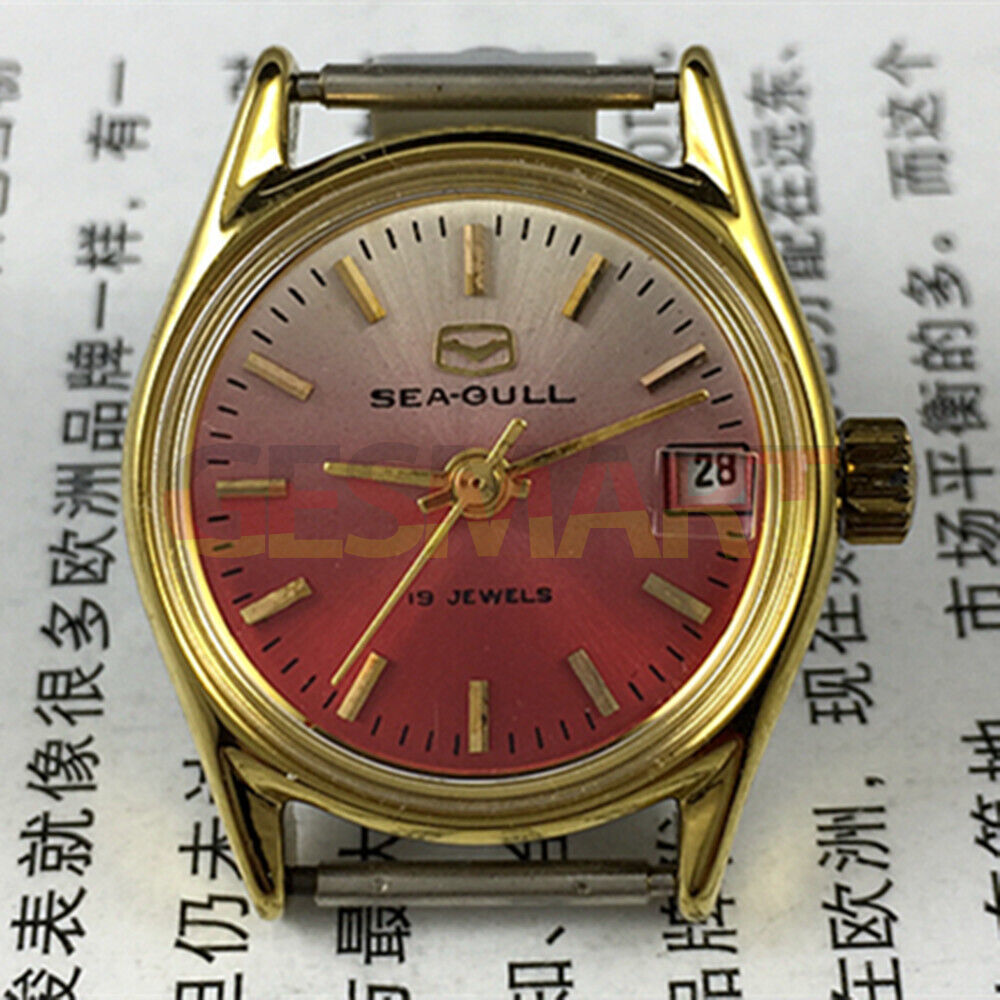 Montre mécanique manuelle Seagull pour femme, dégradé de rouge, clou doré, calendrier simple