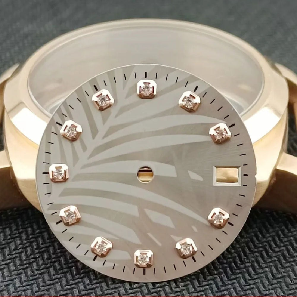 Rose gold Leaf Background Datejust watch dial in light grey, compatible with NH35 NH36 movements, by BrandName.
