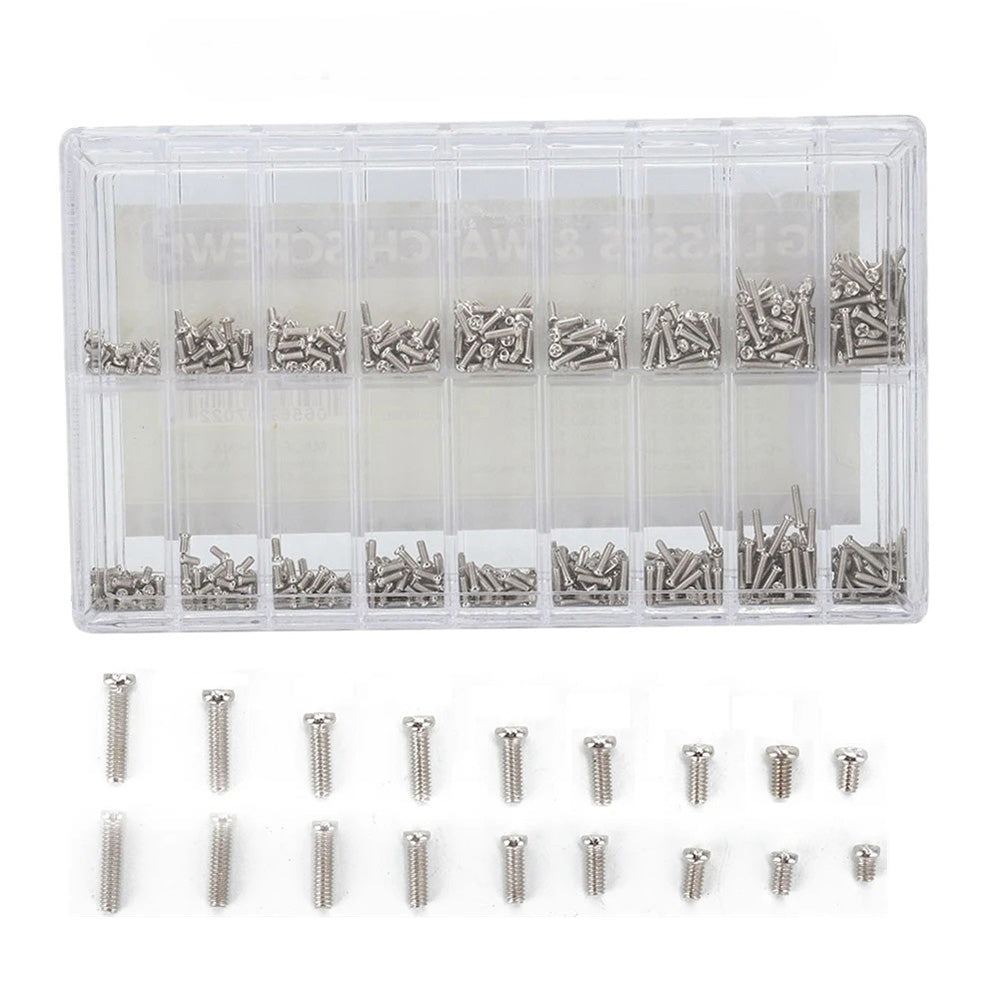 Silver stainless steel precision screws for wristwatches, 18 sizes in 1800PCS box, ideal for watch repairs and accessories.