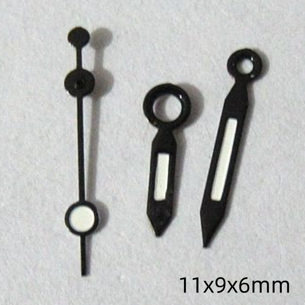 Aiguilles de montre 11 mm peintes en noir et vert luminescent pour mouvement Miyota 2035, 2115, 2105 et 2305