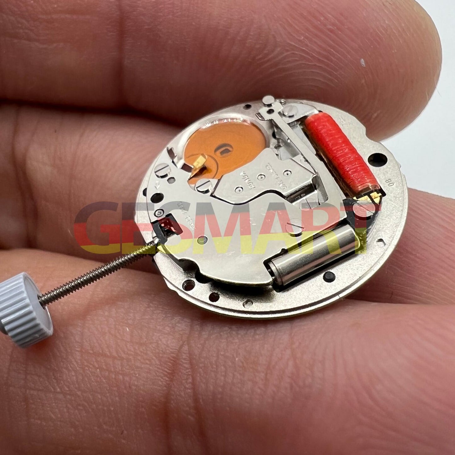 Ronda 788 Quartz watch movement with date at 6, moon phase display, Swiss precision components.