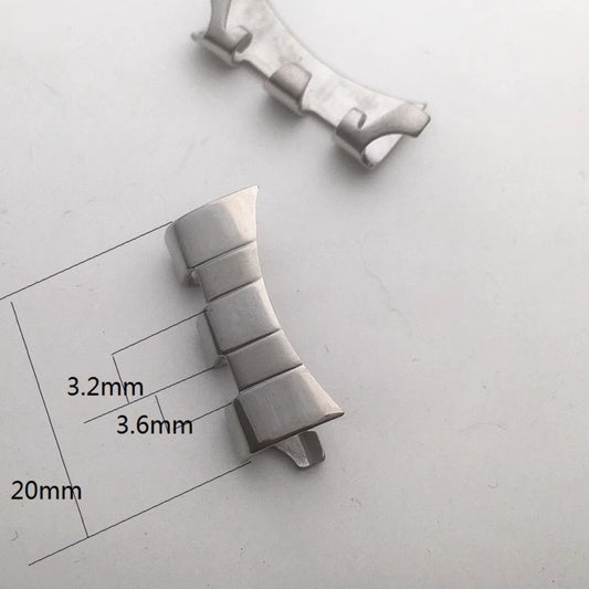 Silver polished curved end links spring bars for watch bands, 3.2x3.6x20mm, ideal for secure bracelet attachment.