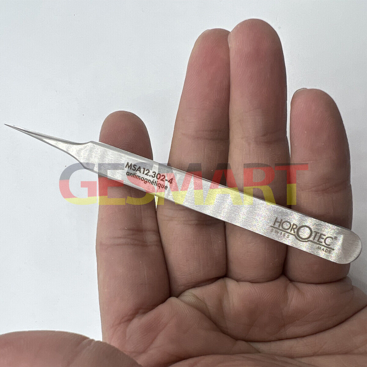 Horotec MSA12.302-4 antimagnetic steel tweezers designed for precise watch repair and delicate handling tasks.