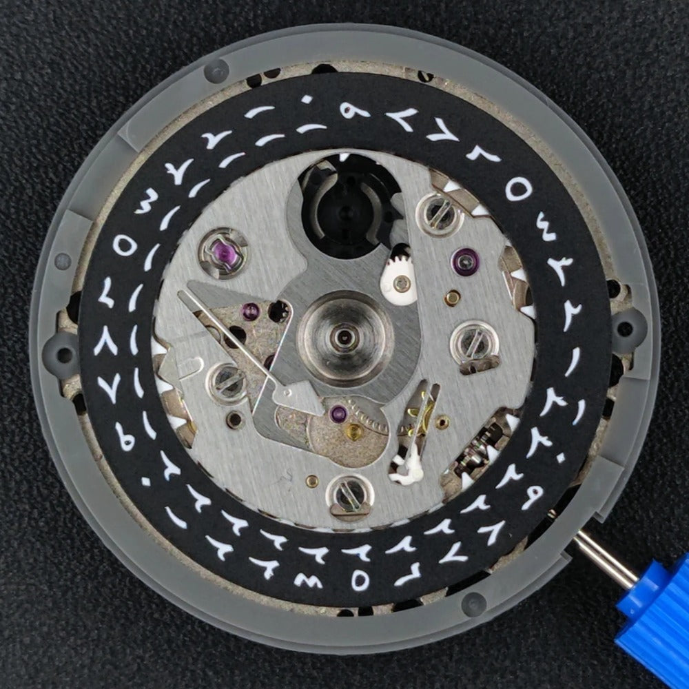 Black Arabic datewheel watch movement with 24 jewels, Genuine Japan NH35 high accuracy mechanism.