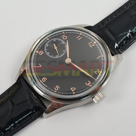 42mm Seagull ST3600 men's watch with manual mechanical movement and black dial.