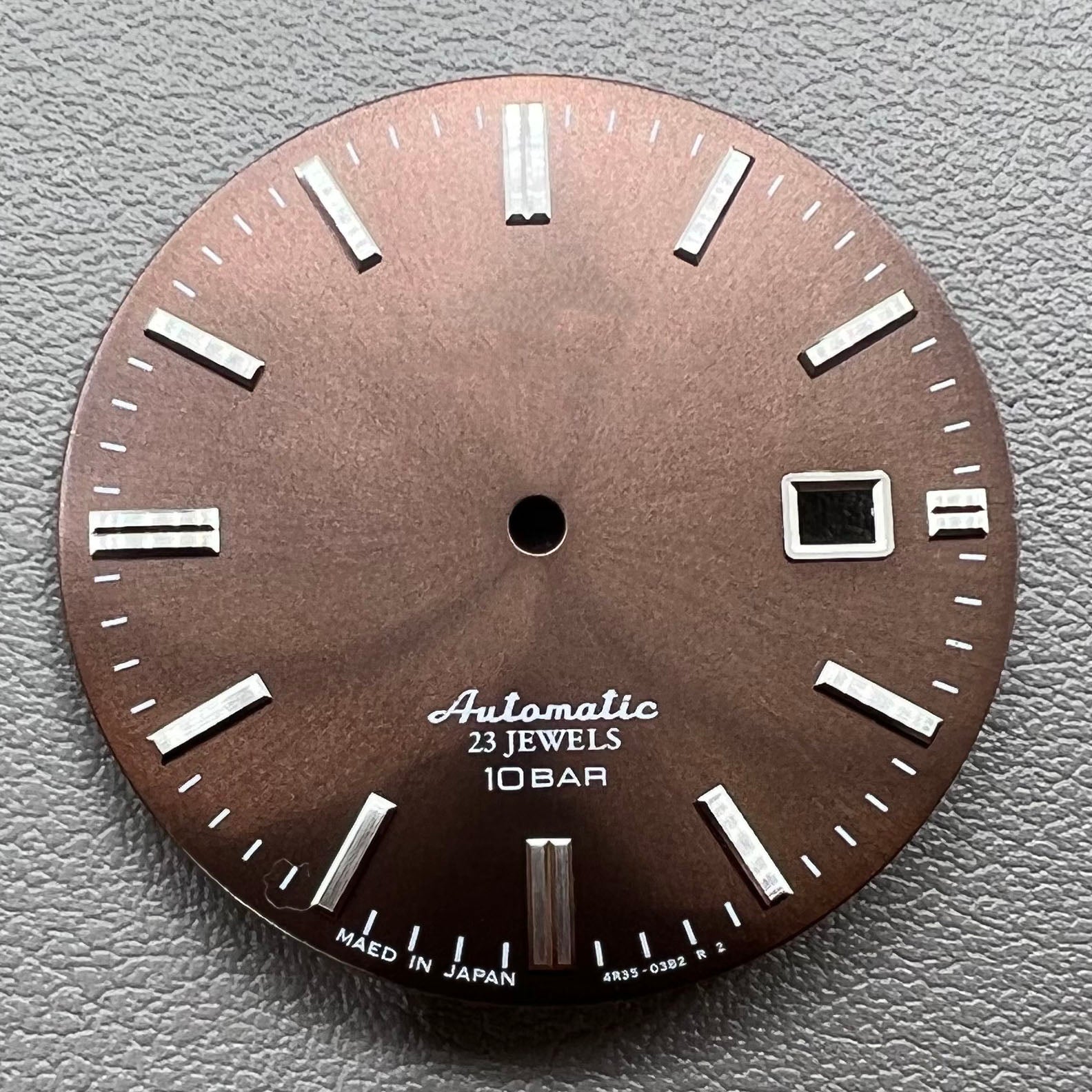Silver nail-style markers on modified brown 34mm watch dial, compatible with NH35 NH36 movements.