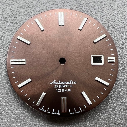 Silver nail-style markers on modified brown 34mm watch dial, compatible with NH35 NH36 movements.