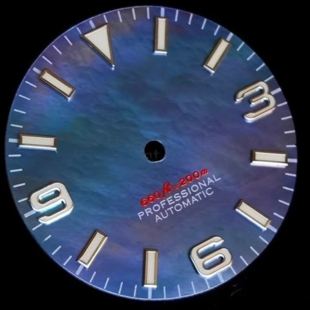Blue 28.5mm Natural Seashell Vein Watch Dial with Blue Lume for NH35, modified design.