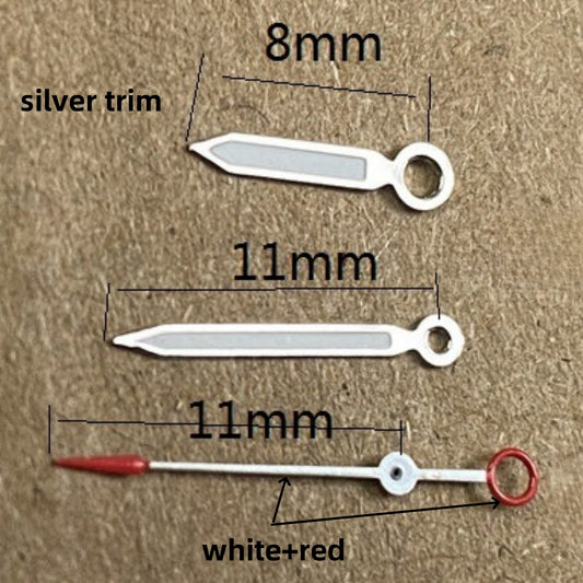 Red pointed green lume watch hands set, 11x11x8mm, for Ronda 515 quartz movement