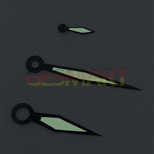 Black trim white polished watch hands with green lume, compatible with ST3600/ST3620/ETA6497/6498 movements, brand name included.