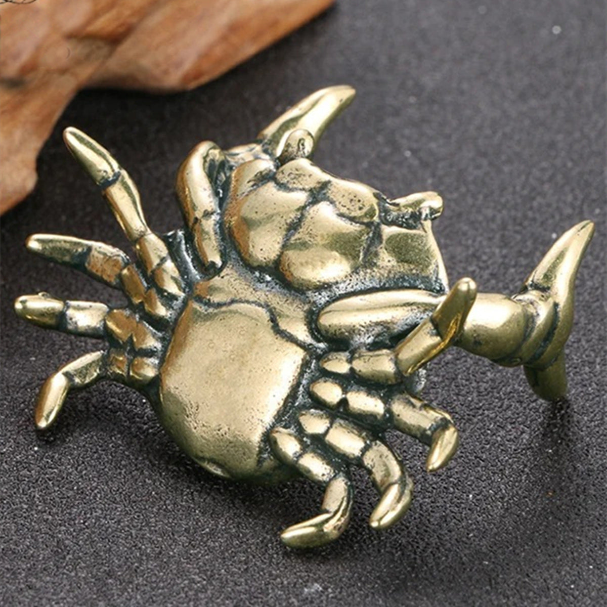 Hand-carved solid copper weightlifting crab figurine, vintage collectible accessory.