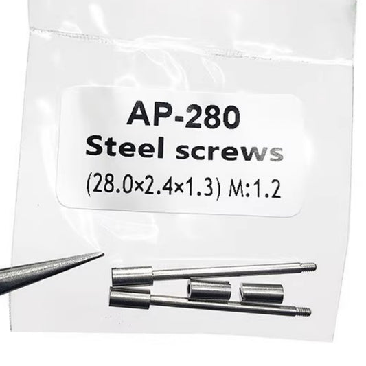 Steel spring bar and screws set for Audemars Piguet watch repair, size 28x2.4x1.3 mm, AP brand.