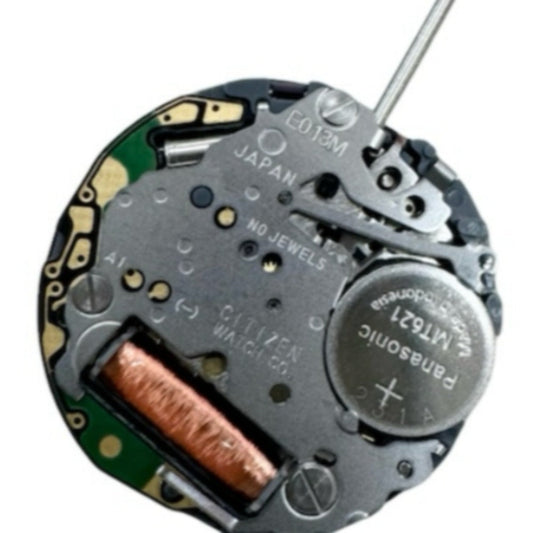 Citizen Eco-Drive E013 solar watch movement with date at 3, Japan-made precision and reliability.