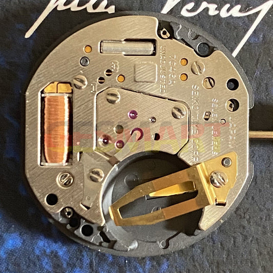 SEIKO 7C43A quartz watch repair part showing date window at 3 o'clock position, Japan made movement.