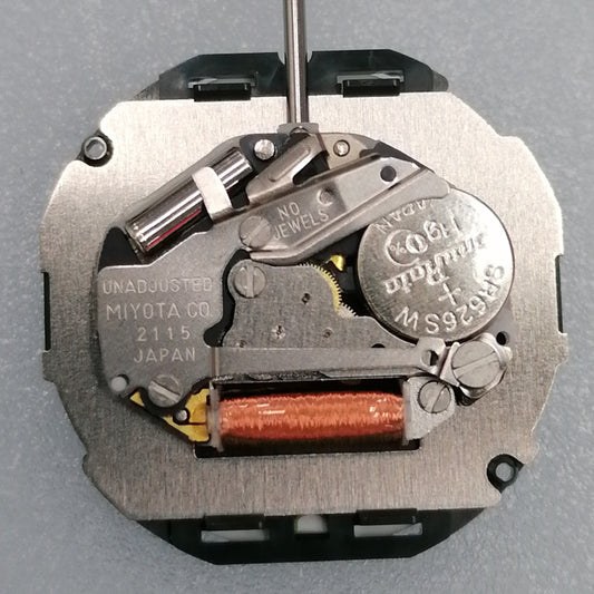 Japan-made Miyota 2115 quartz watch movement with black disk, 3 hands for precise watch repair parts.