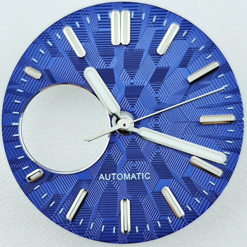 Green Lume Dark Blue Vein Hollow Watch Dial with Silver Trim Hands Fit for NH38