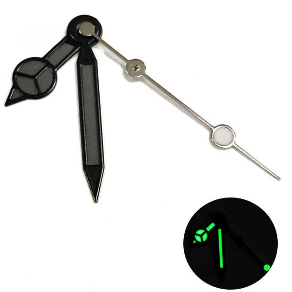 Matted black trim watch hands with black painted lume and silver second hand, compatible with NH35/36 movements.