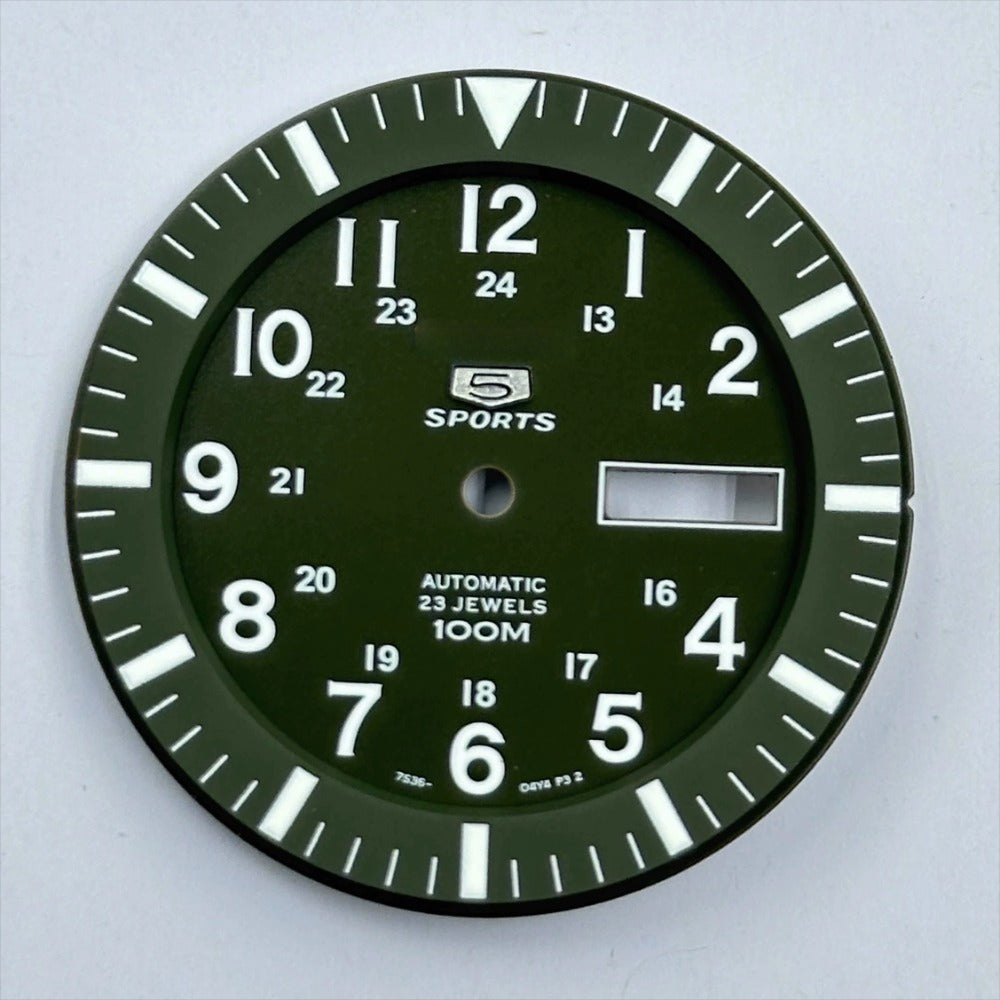 Dark green 35.5mm modified Datejust watch dial with luminous markers for NH35 NH36 movement.