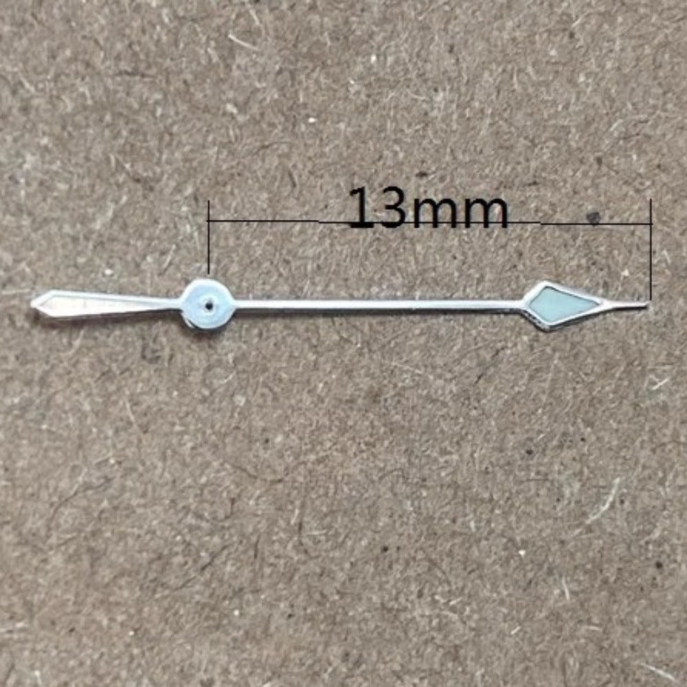 Set of 3 silver-trimmed green lume second hands for Miyota FS00 FS01 FS10 watch movements.