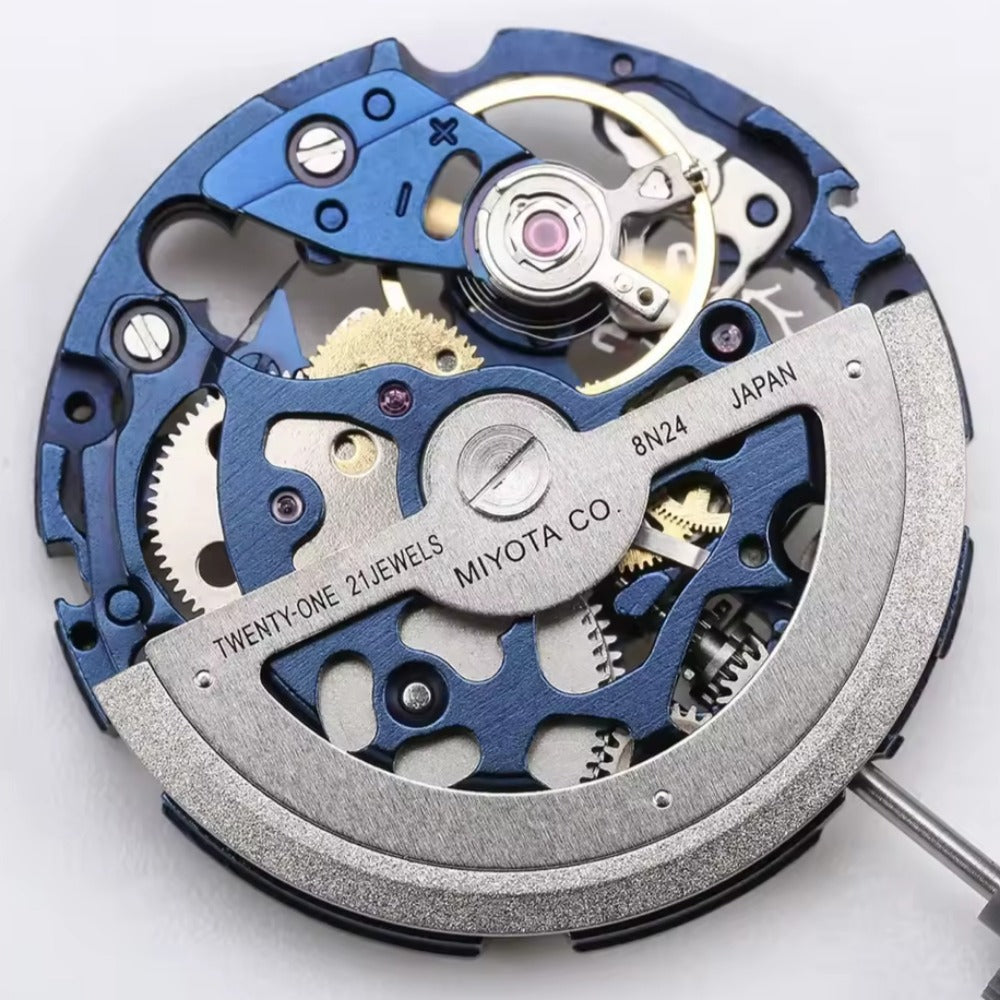 Mouvement mécanique automatique Miyota bleu + argent creux 8N24 fabriqué au Japon