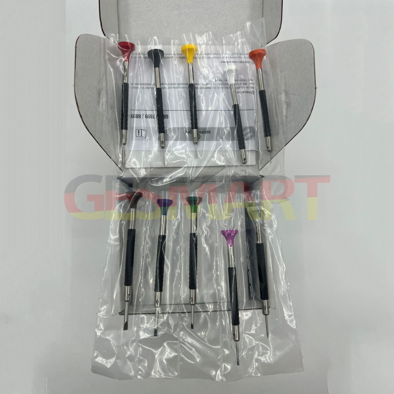 Set of 10 Bergeon 6899-S10 stainless steel screwdrivers with elastomer handles for precise watch repair tasks.