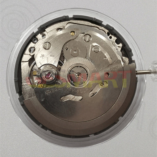 Miyota NH36A automatic watch movement with green lume, white dial, and 3/3.8 crown position for precision timekeeping.