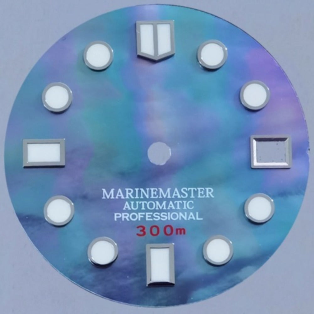 Blue Water Ripple Universe diving watch dial with green lume seashell design for NH35/NH36 movements.