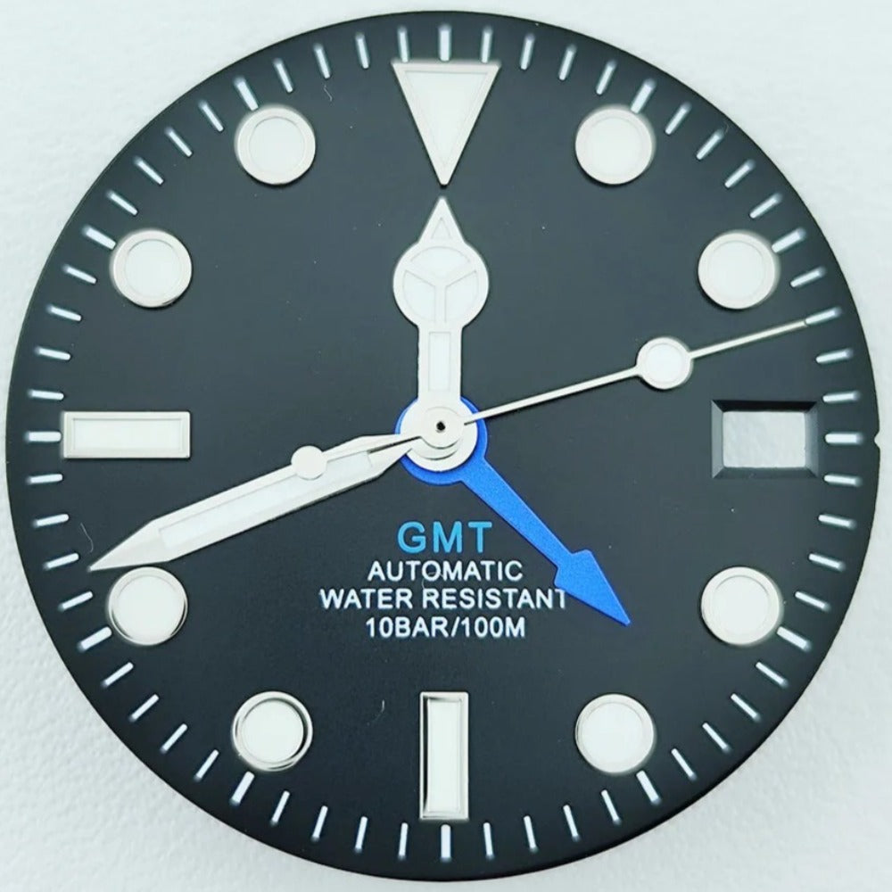 28.5mm Silver Trim Blue Pointed GMT Hand Lume Watch Dial with Hands for NH34