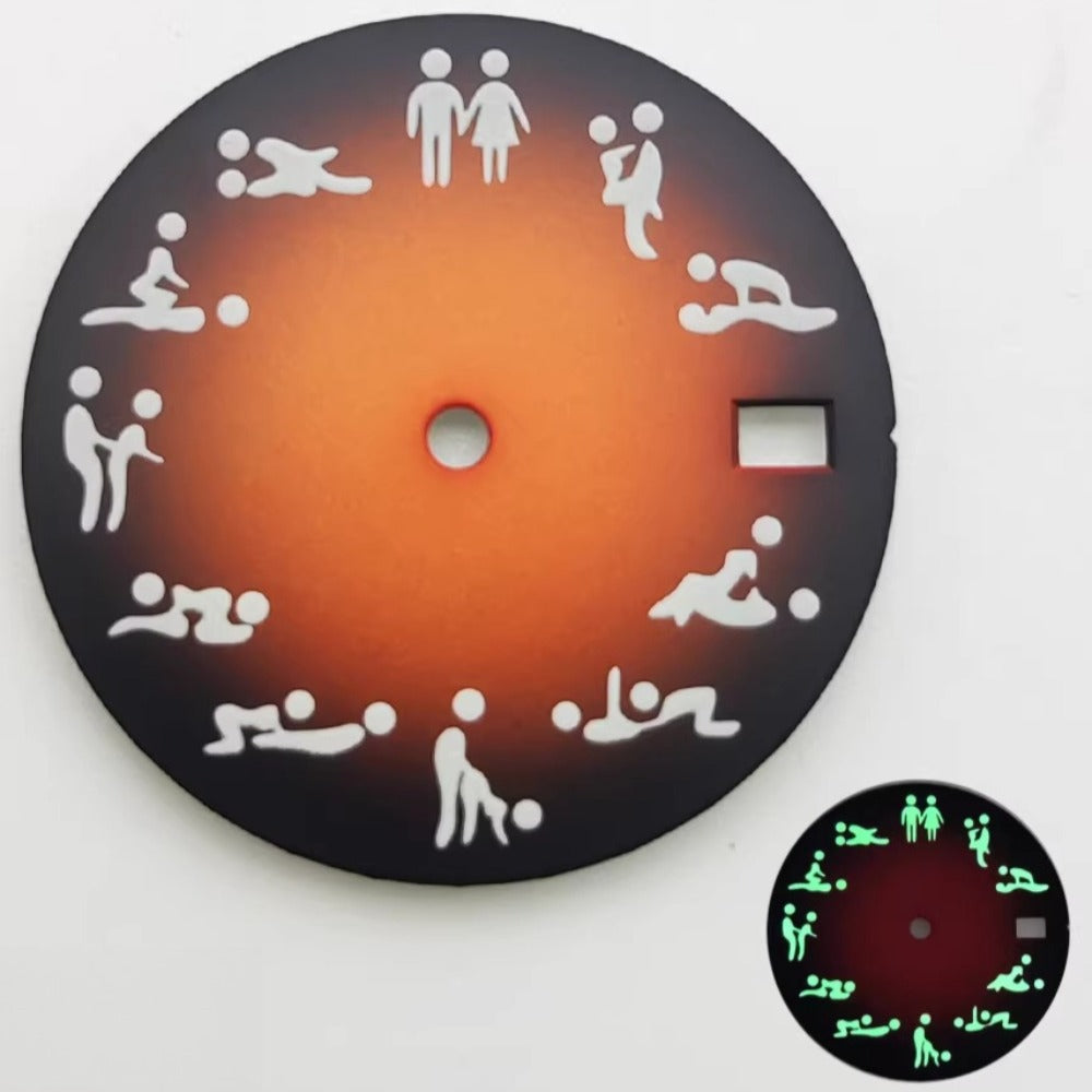 Gradual Orange 28.5mm watch dial with green lume, designed for NH35 NH36 movements, ideal for adult love posture watches.
