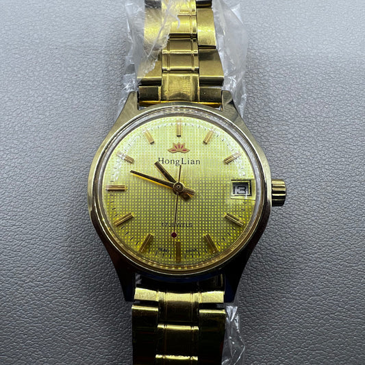 33mm Golden Band Manual Mechanical Watch with Lume, Single Calendar at 3 o'clock