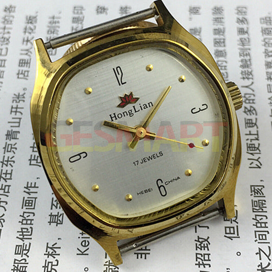 33mm HONGLIAN manual mechanical watch with golden numeral nails and square gold case, stylish accessory.