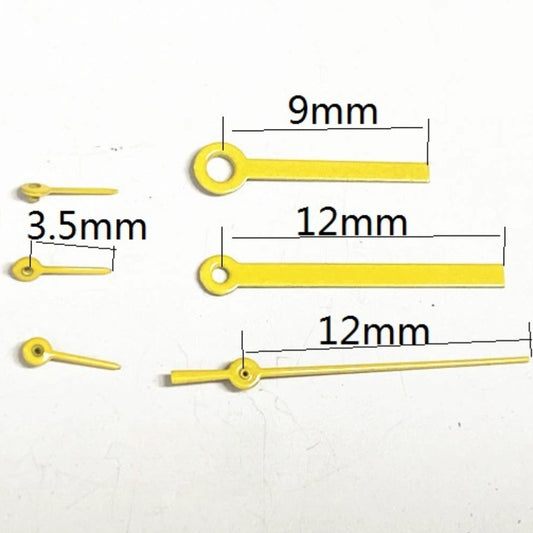 12mm yellow square pointed watch hands for Miyota JS15 quartz movement, precise and stylish brand accessory.