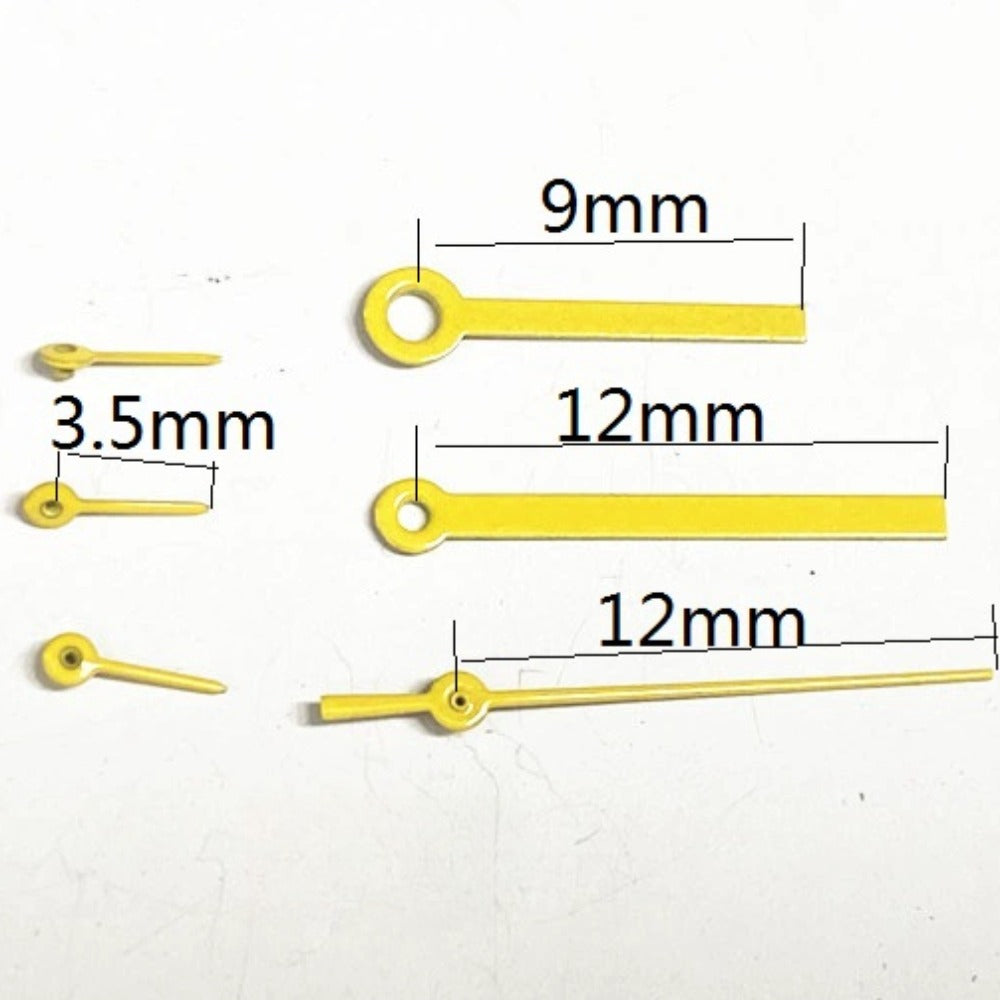 Aiguilles de montre carrées pointues peintes en jaune de 12 mm pour mouvement à quartz Miyota JS15