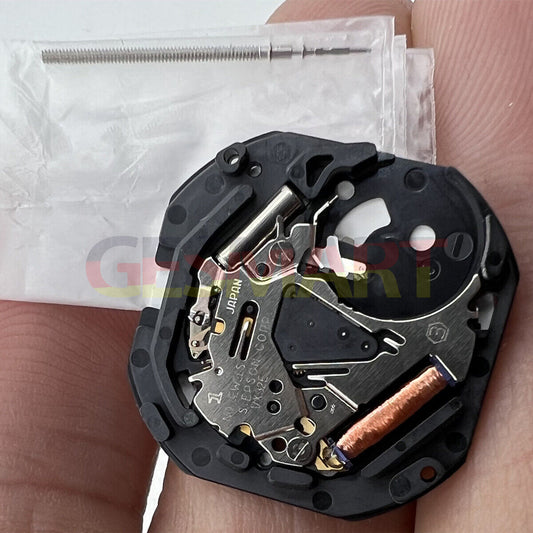 Hattori Epson VX32E quartz watch movement with date display at 3 o'clock, made in Japan.