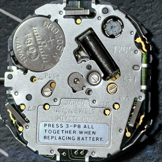Original Japan-made Miyota T205 quartz watch movement, 3 hands with display, ideal for watch repairs.