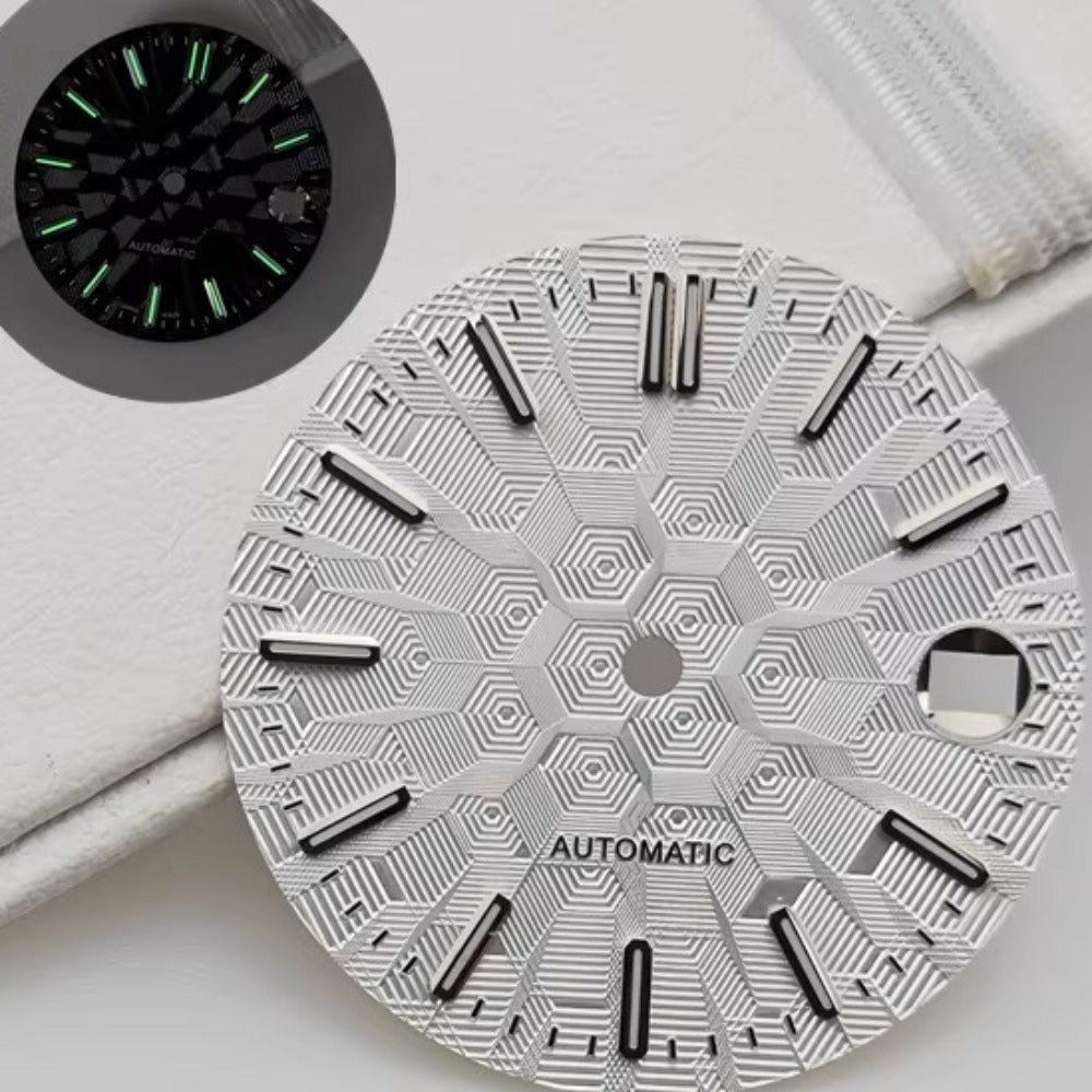 White 28.5mm silver nail lume dial, compatible with NH35 NH36 movements for watch repair.