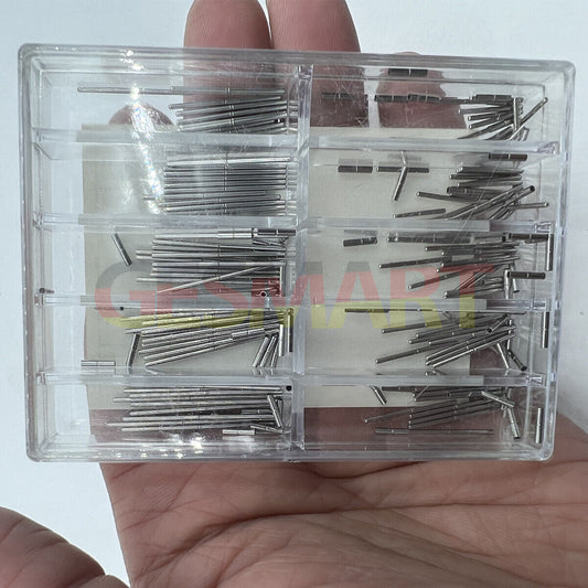 Stainless steel pins with tubes for watch bracelet strap adjustment and repair.